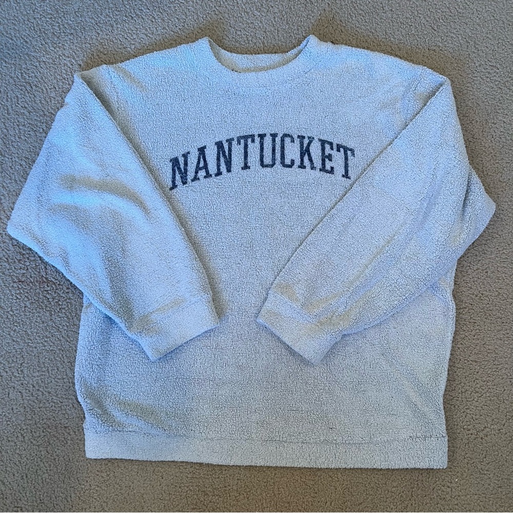 Nantucket Terry Cloth Crewneck Pullover Sweatshirt - Cream and Navy